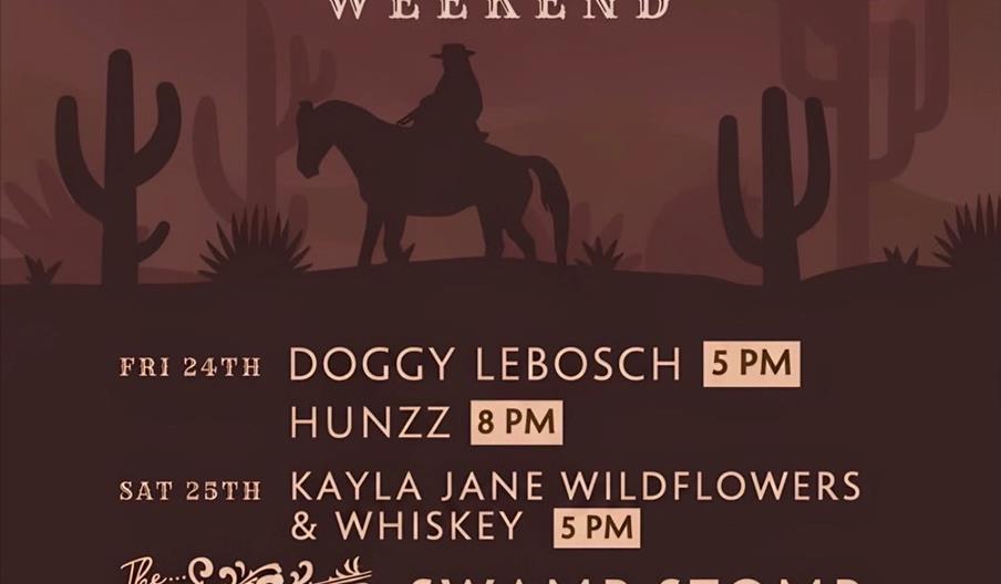 A brown background showing a cowboy on a horse in the desert surrounded by cacti