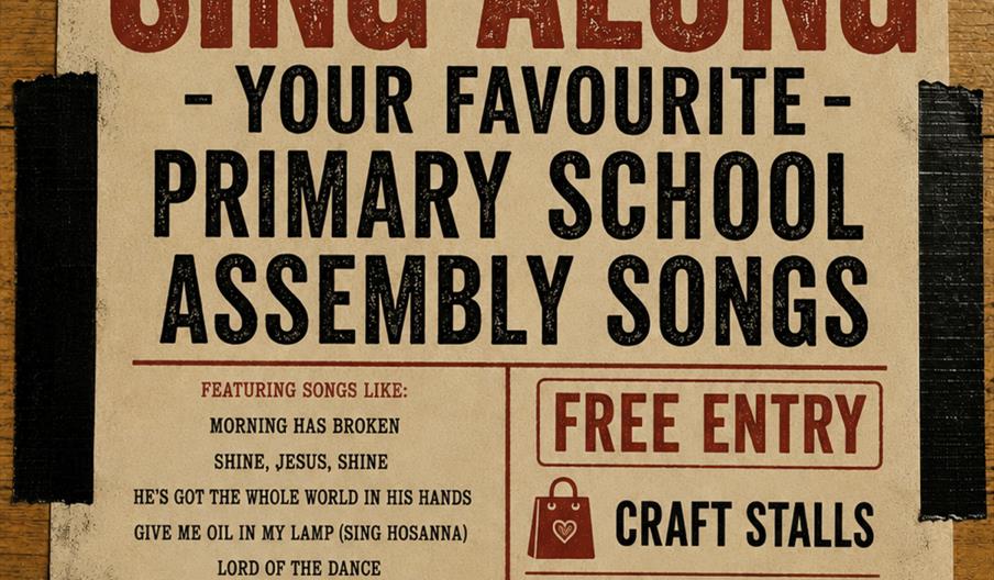 A poster detailing the singalong event in red, brown and black